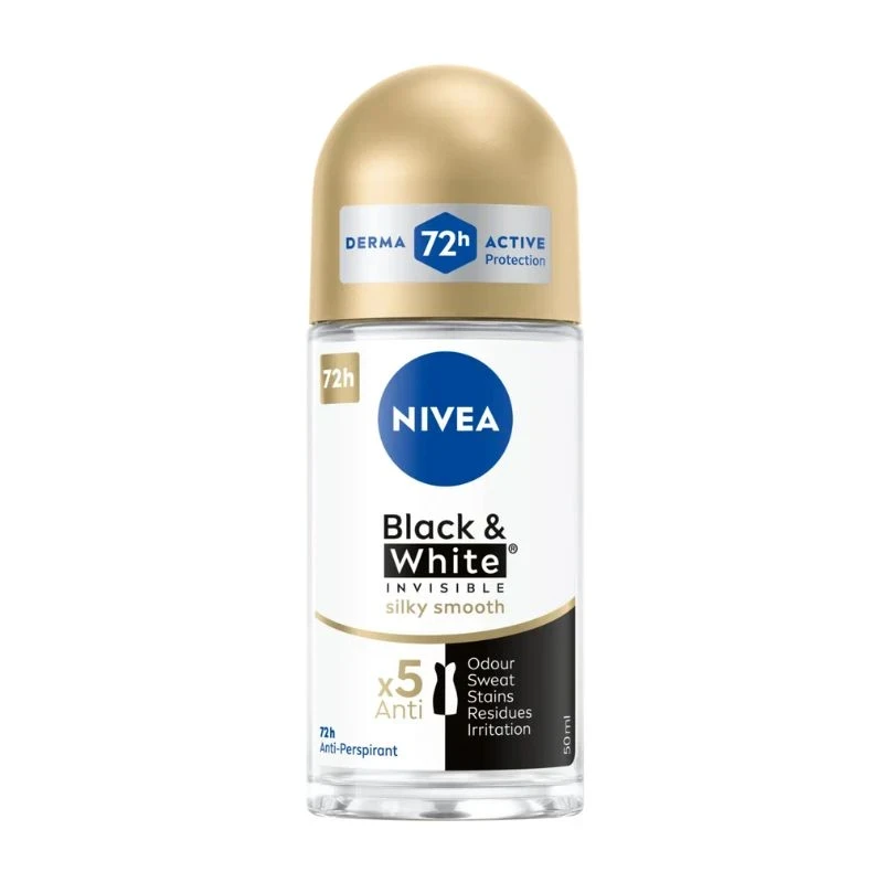 рол-он дезодорант Nivea black and white invisible Silky Smooth X5 72h без следи копринено гладко 50мл