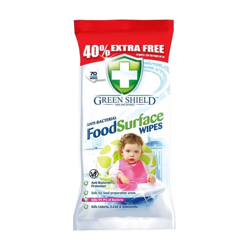 мокри кърпи Green Shield Food Surface антибактериални 99.9пр(Листерия, Ешерихия коли и Салмонела) 70бр