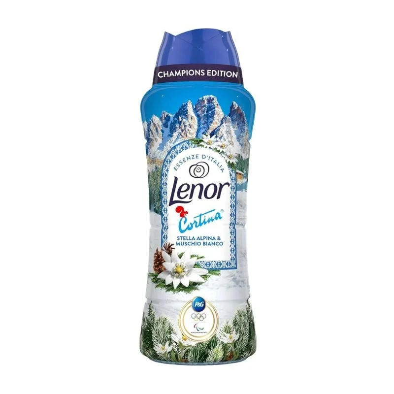парфюмни перли Lenor Cortina dAmpezzo зимните олимпийски игри 2026 алпийски еделвайс и бял мускус 495гр