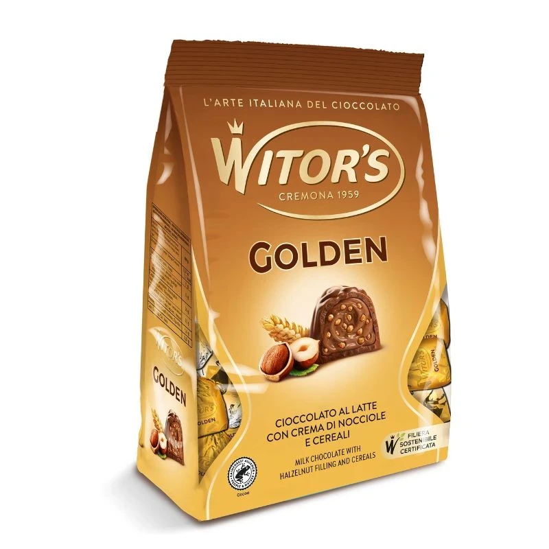 бонбони Witors Golden Cacao млечен шоколад лешников пълнеч и хрупкави парченца 200гр