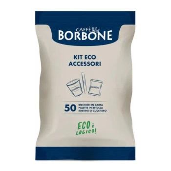 Снимка на кит Borbone Eco 50бр хартиена чаша, дървена бъркалка и бяла захар