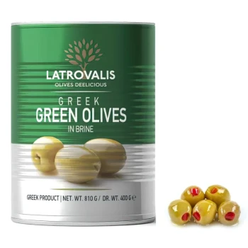 Снимка на м-ни Latrovalis Green pited with Paprika размер 70/90 s.s.mammouth зелени без костилка с чушка стерилизирани 2кг отцедено