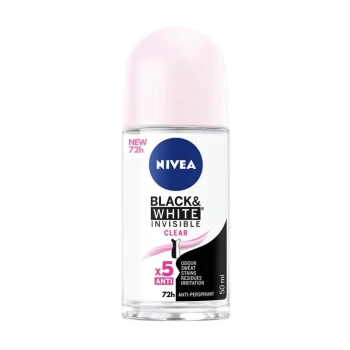 Снимка на рол-он дезодорант Nivea black and white invisible Clear X5 72h без следи по тъмни дрехи чист 50мл